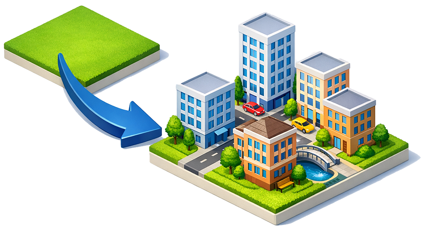 空き地から矢印で都市開発へ変化する様子を描き、土地活用による街づくりや不動産開発のイメージを表現