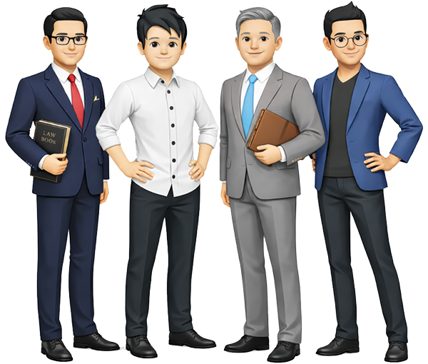 スーツ姿の男性4人が並ぶイラストで、専門家チームや多様な人材によるサポート体制を象徴したビジュアル