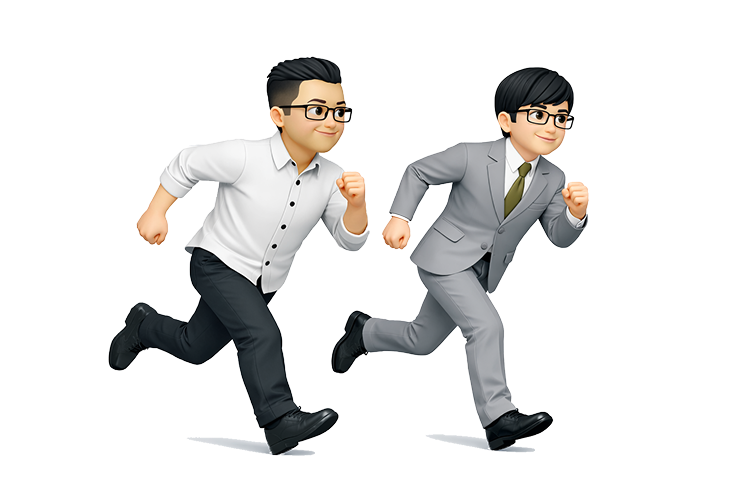 2人のビジネスマンが前傾姿勢で走る姿を描き、スピード感や積極的な行動力・成長意欲を象徴したイラスト