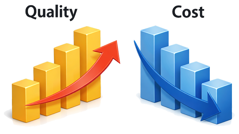 品質向上とコスト削減を対比した図で、品質は上昇する棒グラフと矢印、コストは下降するグラフで表現