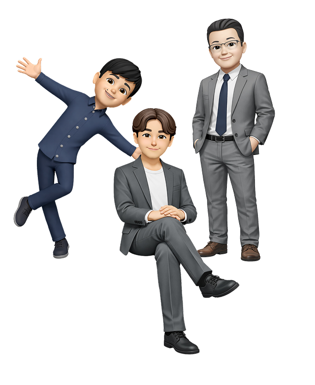 3人の男性アバターが並ぶイラストで、左は腕を広げて傾きポーズ、中央は座って微笑み、右はスーツ姿で直立している